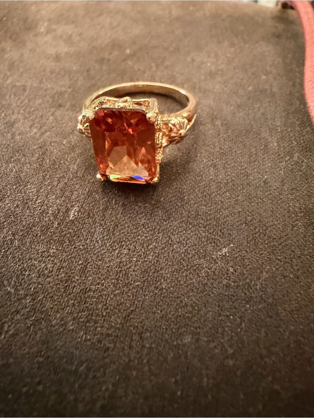 Gold-Plated Ring with Rectangular Amber Stone - Elegant Women's Jewelry